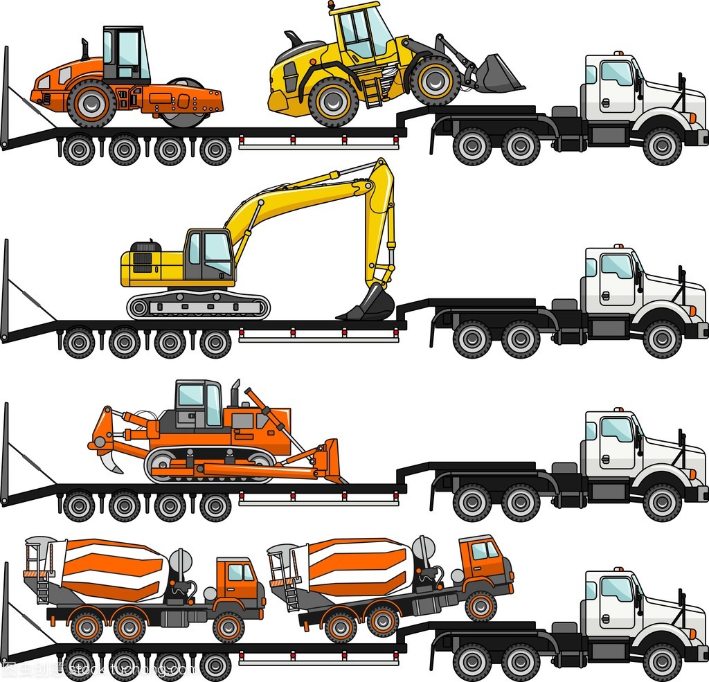 汽车运输车和重型工程机械隔离在不同位置的平面样式在白色背景上的一套。矢量图