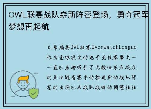 OWL联赛战队崭新阵容登场，勇夺冠军梦想再起航