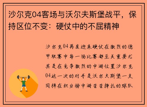 沙尔克04客场与沃尔夫斯堡战平，保持区位不变：硬仗中的不屈精神